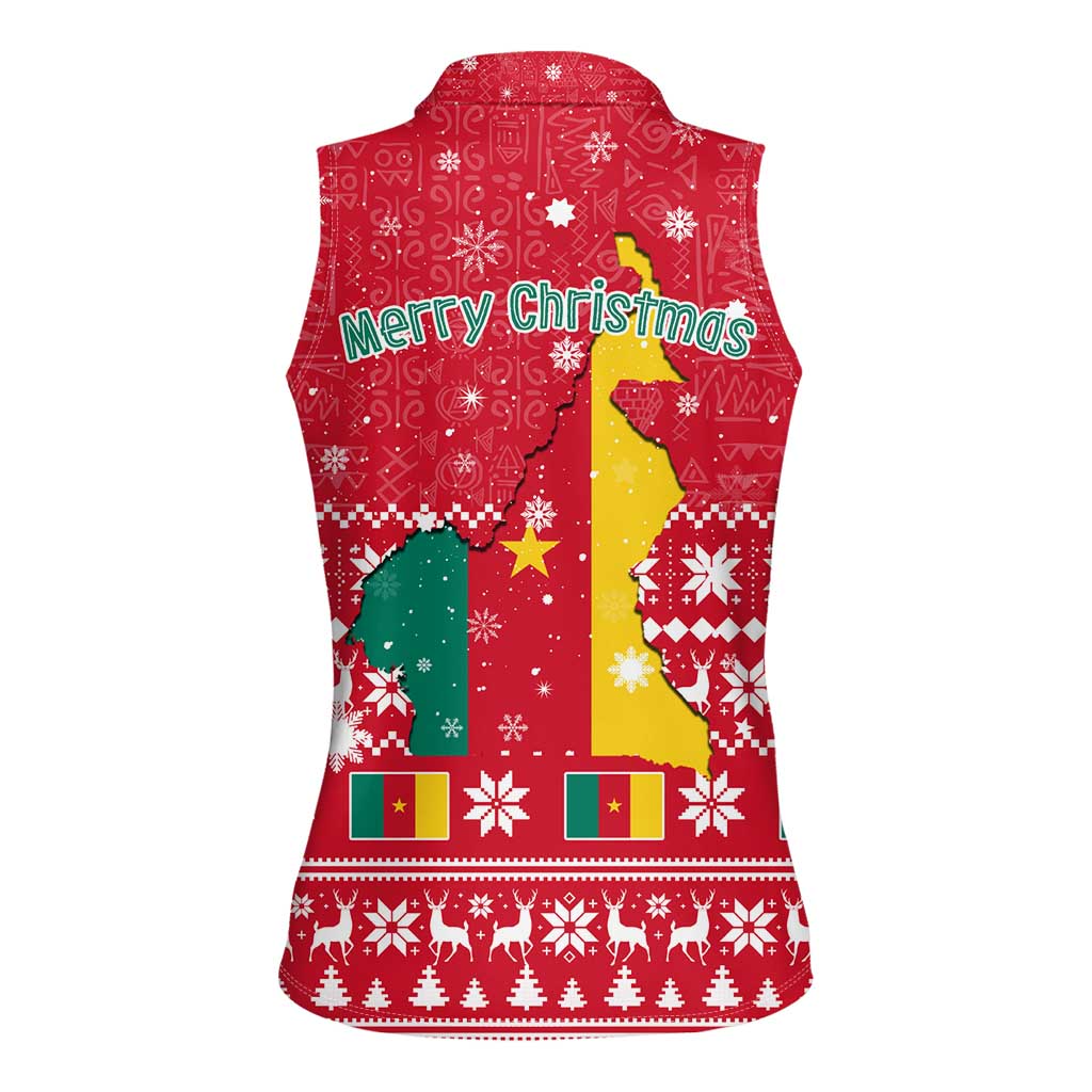 Cameroon Christmas Women Sleeveless Polo Shirt with Red Snowflake Pattern Traditional Santa and Map Motif - Wonder Print Shop