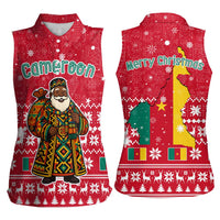 Cameroon Christmas Women Sleeveless Polo Shirt with Red Snowflake Pattern Traditional Santa and Map Motif - Wonder Print Shop