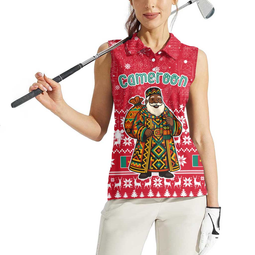 Cameroon Christmas Women Sleeveless Polo Shirt with Red Snowflake Pattern Traditional Santa and Map Motif - Wonder Print Shop