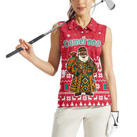 Cameroon Christmas Women Sleeveless Polo Shirt with Red Snowflake Pattern Traditional Santa and Map Motif - Wonder Print Shop