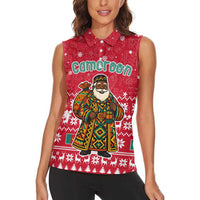 Cameroon Christmas Women Sleeveless Polo Shirt with Red Snowflake Pattern Traditional Santa and Map Motif - Wonder Print Shop