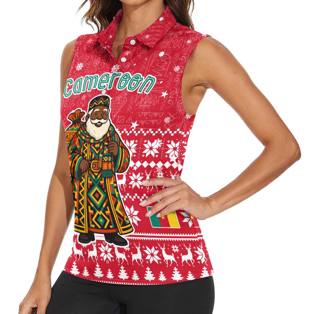 Cameroon Christmas Women Sleeveless Polo Shirt with Red Snowflake Pattern Traditional Santa and Map Motif - Wonder Print Shop