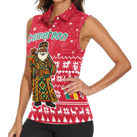 Cameroon Christmas Women Sleeveless Polo Shirt with Red Snowflake Pattern Traditional Santa and Map Motif - Wonder Print Shop