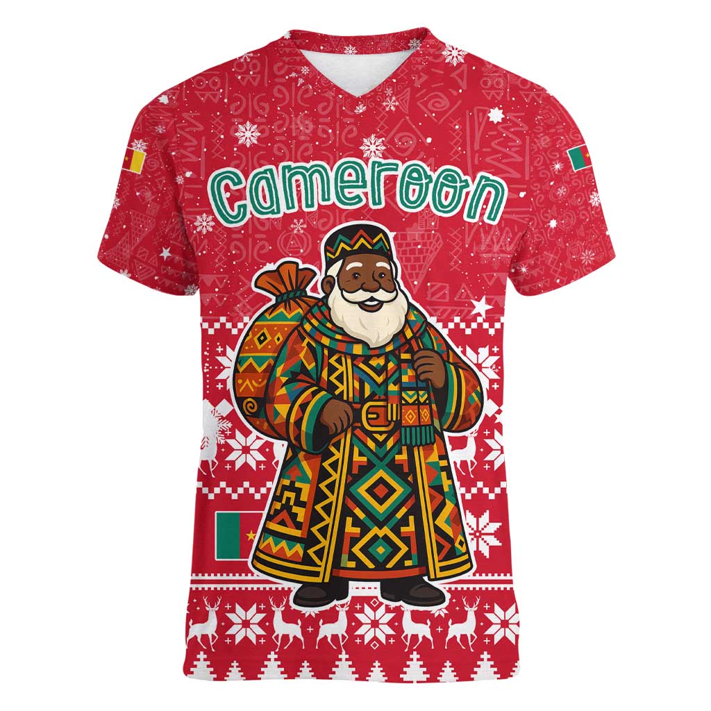 Cameroon Christmas Women V-Neck T-Shirt with Red Snowflake Pattern Traditional Santa and Map Motif - Wonder Print Shop