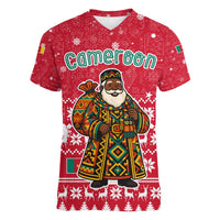 Cameroon Christmas Women V-Neck T-Shirt with Red Snowflake Pattern Traditional Santa and Map Motif - Wonder Print Shop