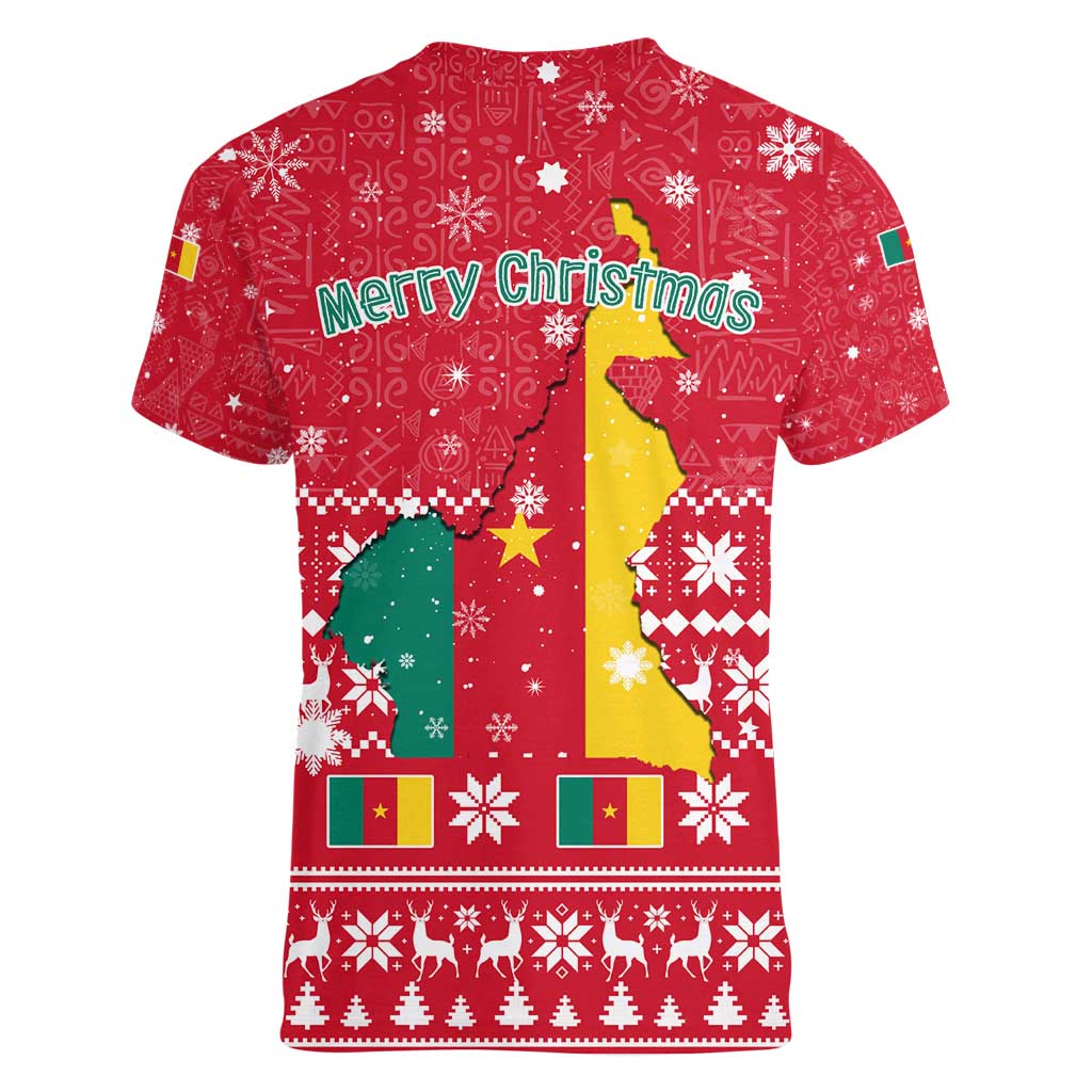 Cameroon Christmas Women V-Neck T-Shirt with Red Snowflake Pattern Traditional Santa and Map Motif - Wonder Print Shop