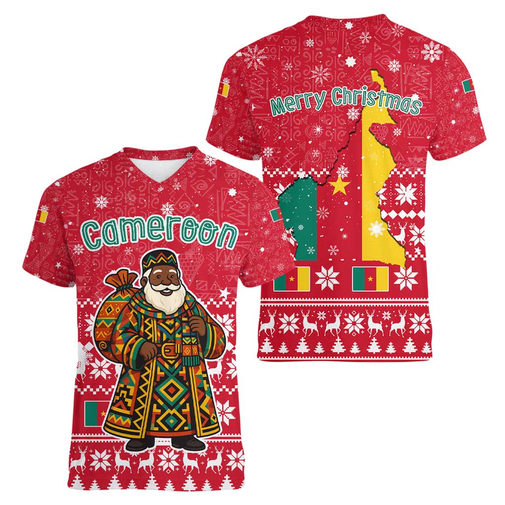 Cameroon Christmas Women V-Neck T-Shirt with Red Snowflake Pattern Traditional Santa and Map Motif - Wonder Print Shop