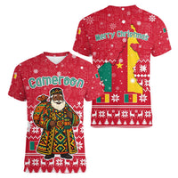 Cameroon Christmas Women V-Neck T-Shirt with Red Snowflake Pattern Traditional Santa and Map Motif - Wonder Print Shop