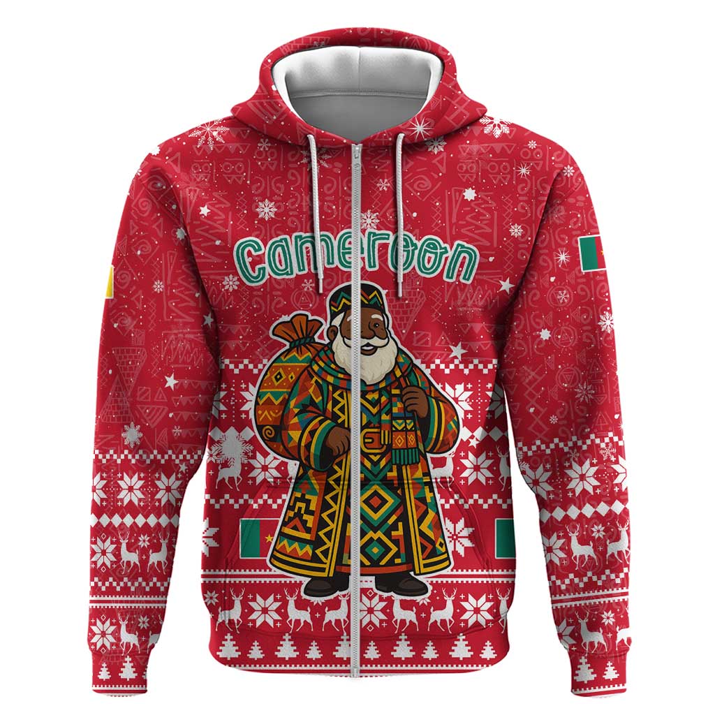 Cameroon Christmas Zip Hoodie with Red Snowflake Pattern Traditional Santa and Map Motif - Wonder Print Shop