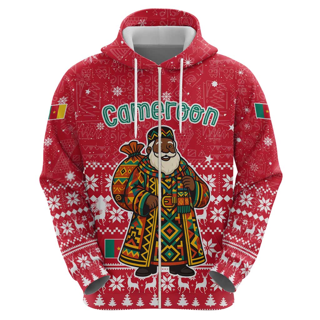 Cameroon Christmas Zip Hoodie with Red Snowflake Pattern Traditional Santa and Map Motif - Wonder Print Shop