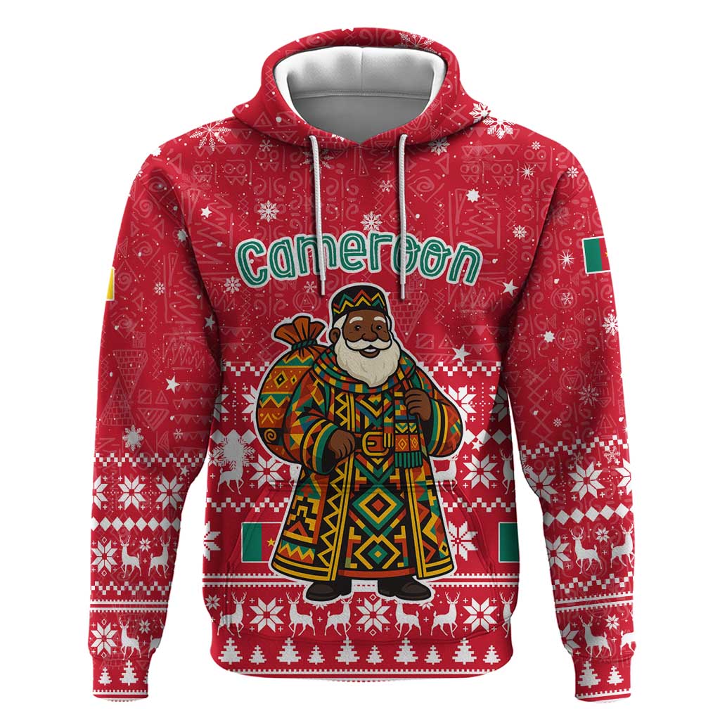 Cameroon Christmas Zip Hoodie with Red Snowflake Pattern Traditional Santa and Map Motif - Wonder Print Shop
