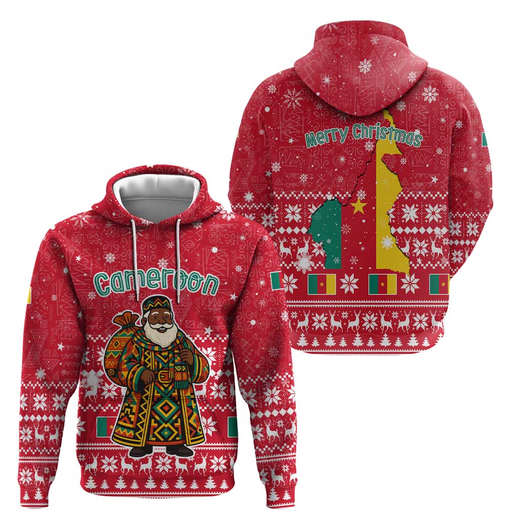 Cameroon Christmas Zip Hoodie with Red Snowflake Pattern Traditional Santa and Map Motif - Wonder Print Shop