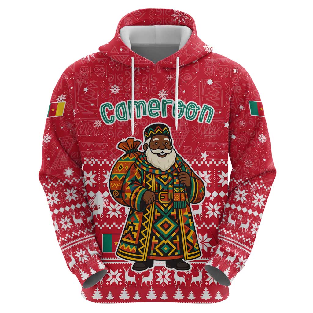 Cameroon Christmas Zip Hoodie with Red Snowflake Pattern Traditional Santa and Map Motif - Wonder Print Shop