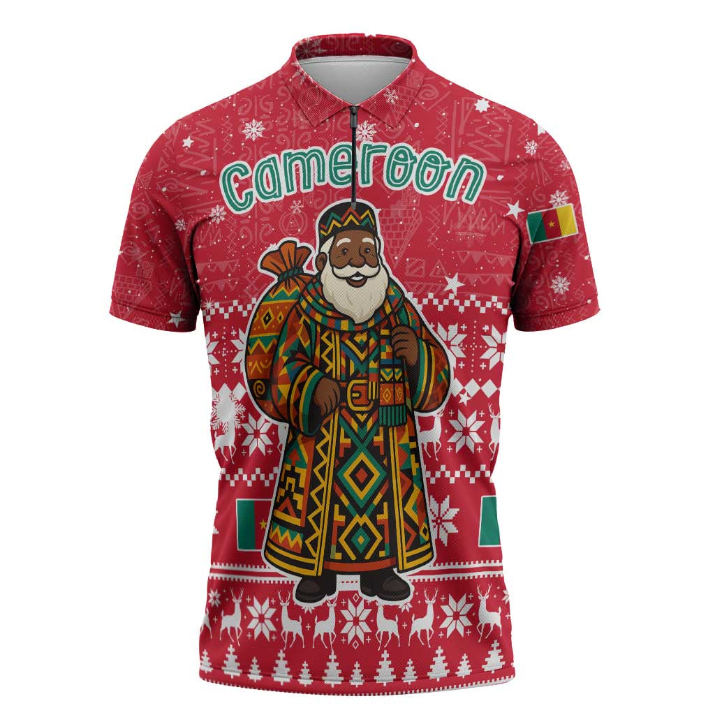 Cameroon Christmas Zipper Polo Shirt with Red Snowflake Pattern Traditional Santa and Map Motif - Wonder Print Shop