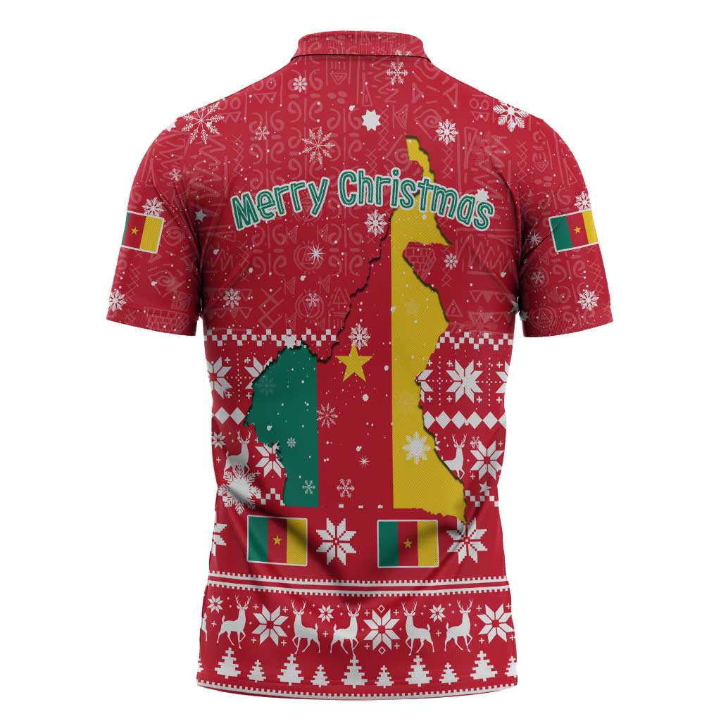 Cameroon Christmas Zipper Polo Shirt with Red Snowflake Pattern Traditional Santa and Map Motif - Wonder Print Shop