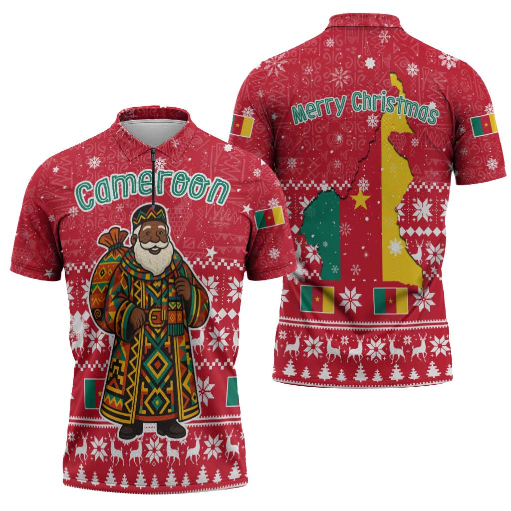 Cameroon Christmas Zipper Polo Shirt with Red Snowflake Pattern Traditional Santa and Map Motif - Wonder Print Shop