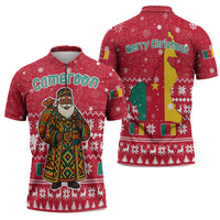 Cameroon Christmas Zipper Polo Shirt with Red Snowflake Pattern Traditional Santa and Map Motif - Wonder Print Shop