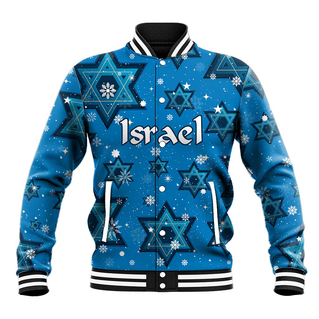 Israel Christmas Baseball Jacket with Blue Star of David Pattern and Menorah Motif - Wonder Print Shop