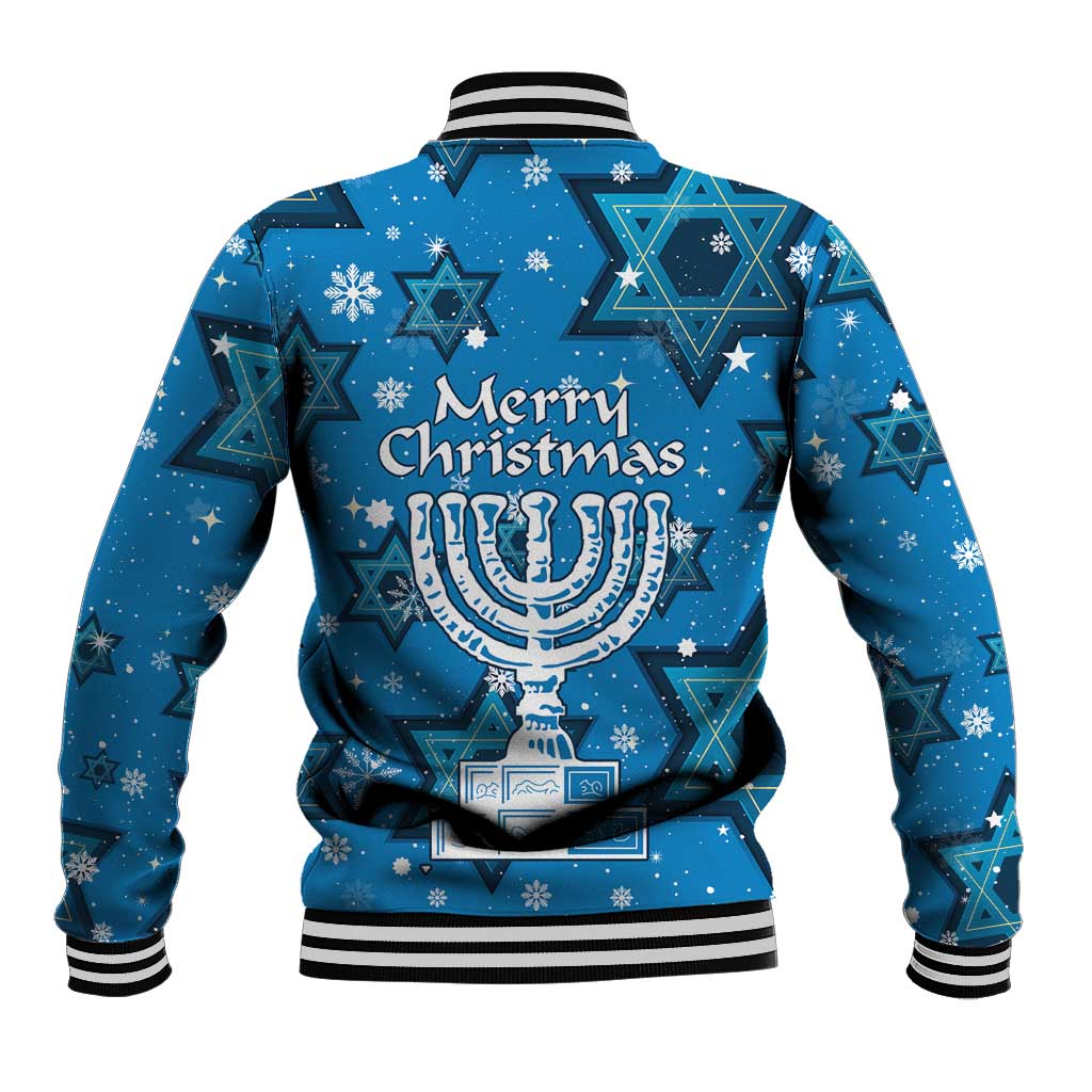 Israel Christmas Baseball Jacket with Blue Star of David Pattern and Menorah Motif - Wonder Print Shop