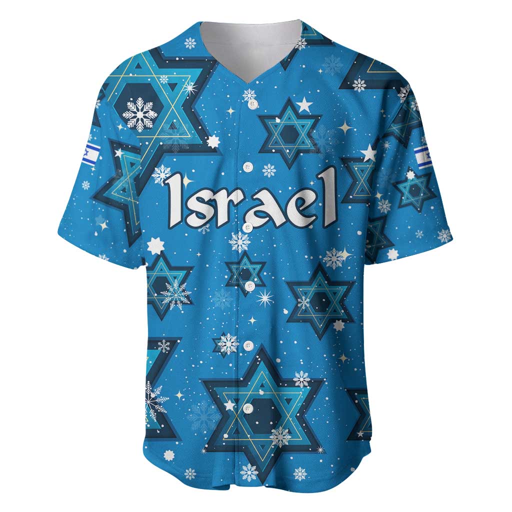 Israel Christmas Baseball Jersey with Blue Star of David Pattern and Menorah Motif - Wonder Print Shop