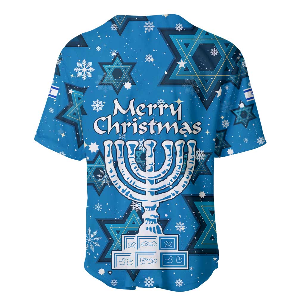 Israel Christmas Baseball Jersey with Blue Star of David Pattern and Menorah Motif - Wonder Print Shop