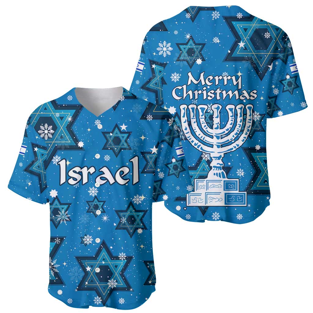 Israel Christmas Baseball Jersey with Blue Star of David Pattern and Menorah Motif - Wonder Print Shop