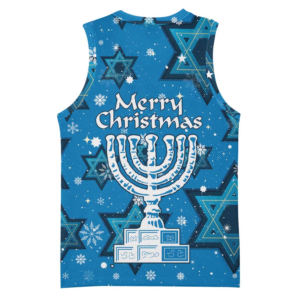 Israel Christmas Basketball Jersey with Blue Star of David Pattern and Menorah Motif - Wonder Print Shop