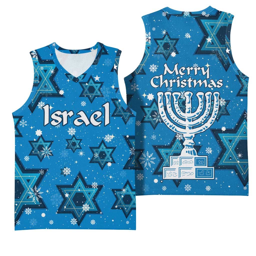 Israel Christmas Basketball Jersey with Blue Star of David Pattern and Menorah Motif - Wonder Print Shop