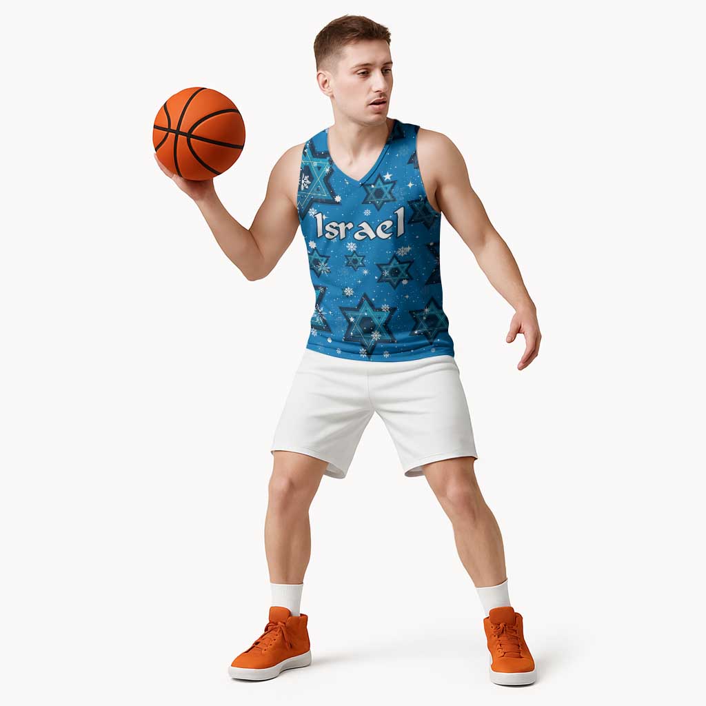 Israel Christmas Basketball Jersey with Blue Star of David Pattern and Menorah Motif - Wonder Print Shop
