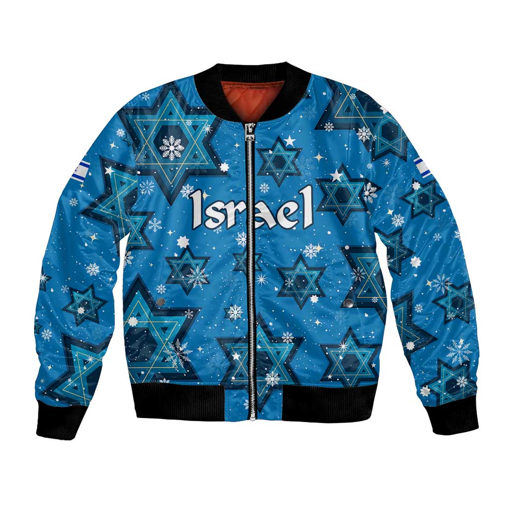 Israel Christmas Bomber Jacket with Blue Star of David Pattern and Menorah Motif - Wonder Print Shop