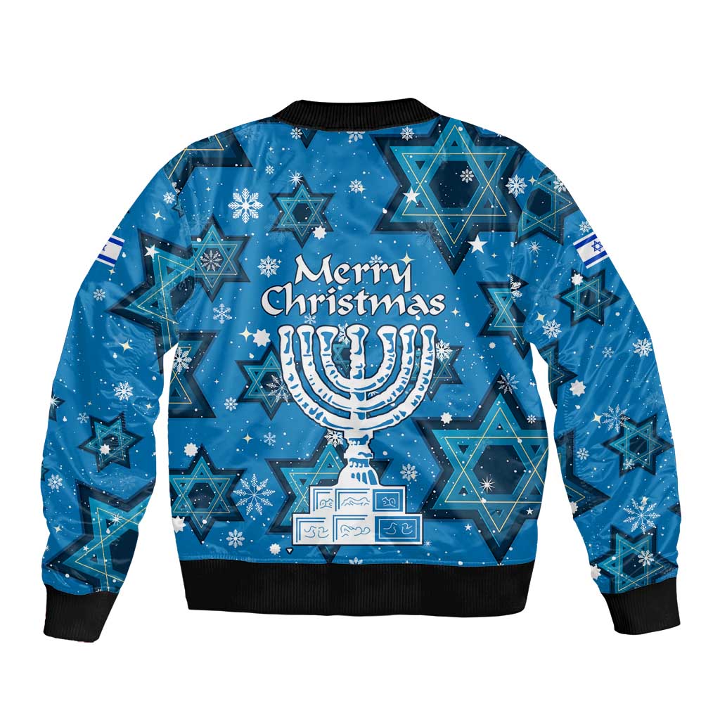 Israel Christmas Bomber Jacket with Blue Star of David Pattern and Menorah Motif - Wonder Print Shop