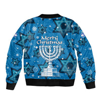 Israel Christmas Bomber Jacket with Blue Star of David Pattern and Menorah Motif - Wonder Print Shop