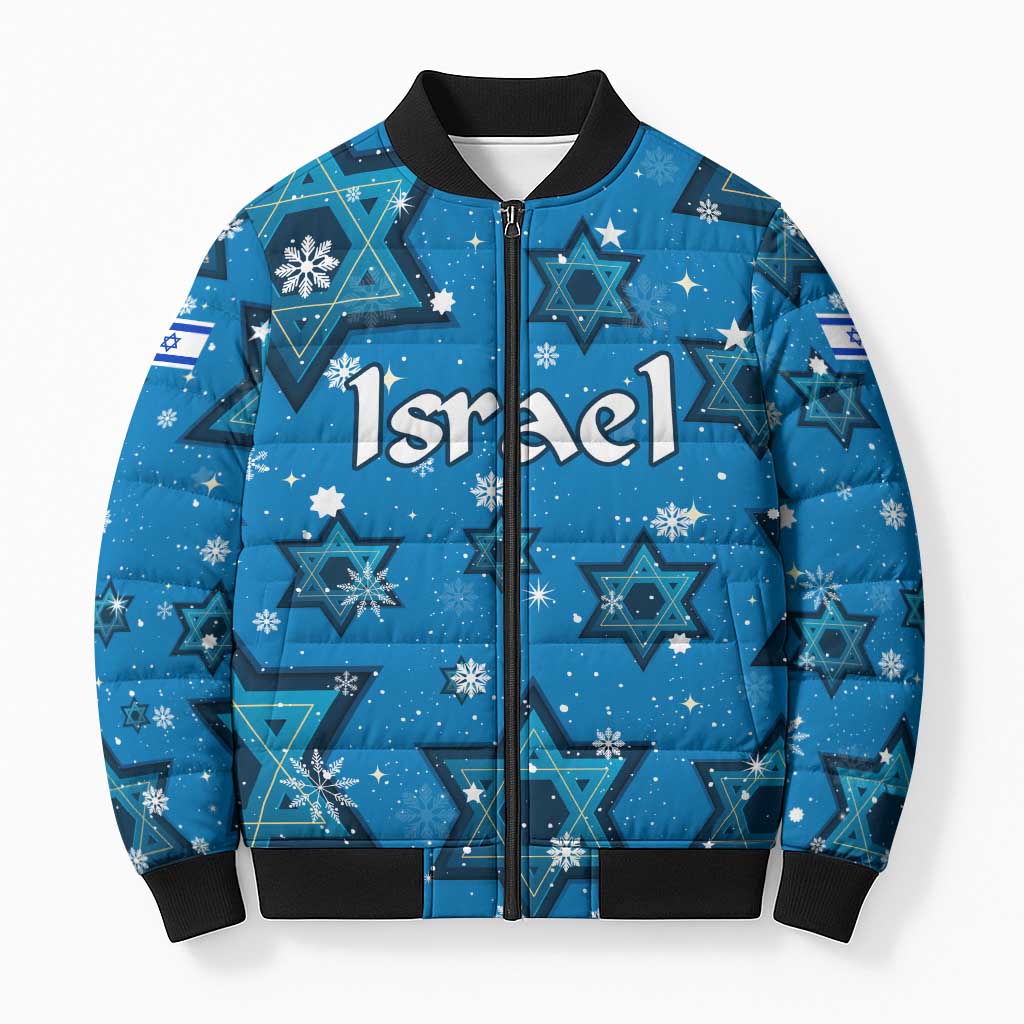 Israel Christmas Bomber Puffer Jacket with Blue Star of David Pattern and Menorah Motif - Wonder Print Shop