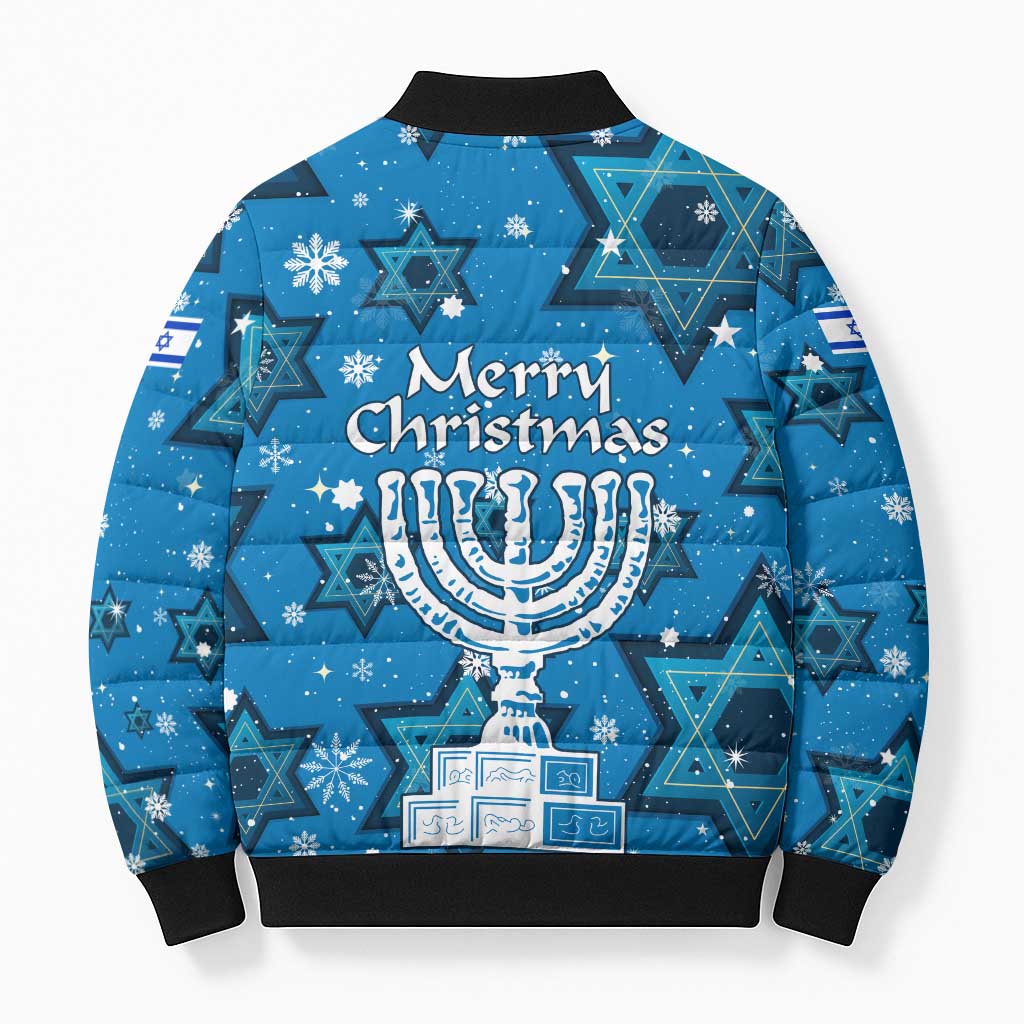 Israel Christmas Bomber Puffer Jacket with Blue Star of David Pattern and Menorah Motif - Wonder Print Shop