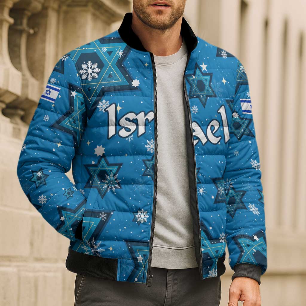 Israel Christmas Bomber Puffer Jacket with Blue Star of David Pattern and Menorah Motif - Wonder Print Shop