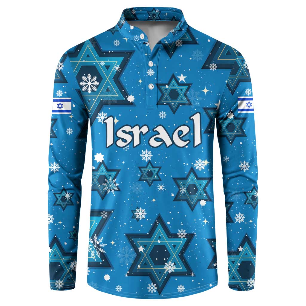 Israel Christmas Button Sweatshirt with Blue Star of David Pattern and Menorah Motif - Wonder Print Shop