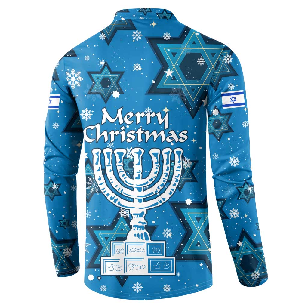 Israel Christmas Button Sweatshirt with Blue Star of David Pattern and Menorah Motif - Wonder Print Shop