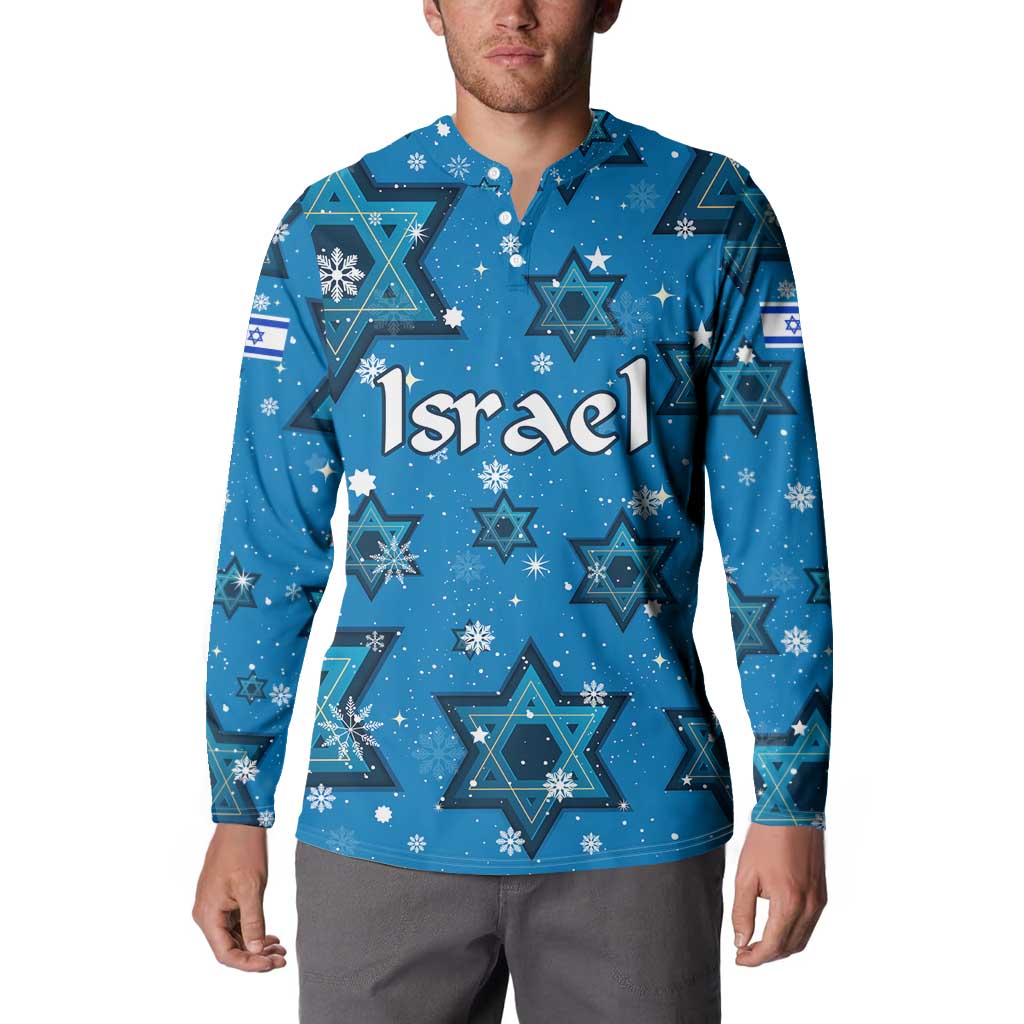 Israel Christmas Button Sweatshirt with Blue Star of David Pattern and Menorah Motif - Wonder Print Shop
