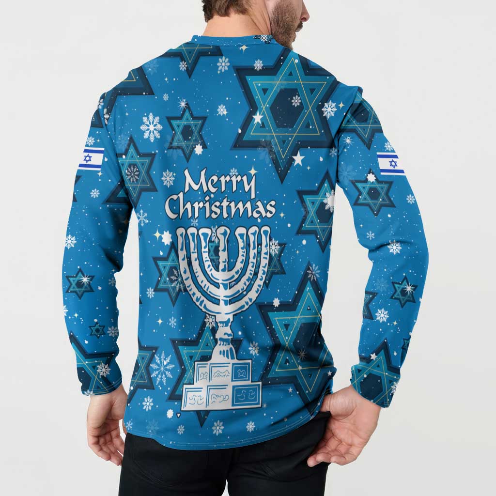 Israel Christmas Button Sweatshirt with Blue Star of David Pattern and Menorah Motif - Wonder Print Shop