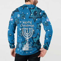 Israel Christmas Button Sweatshirt with Blue Star of David Pattern and Menorah Motif - Wonder Print Shop