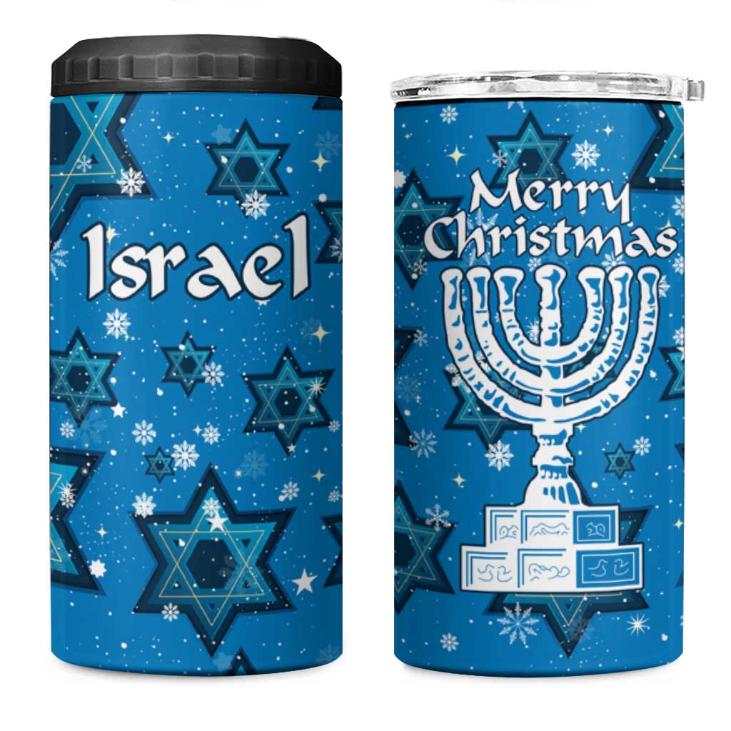Israel Christmas 4 in 1 Can Cooler Tumbler with Blue Star of David Pattern and Menorah Motif - Wonder Print Shop
