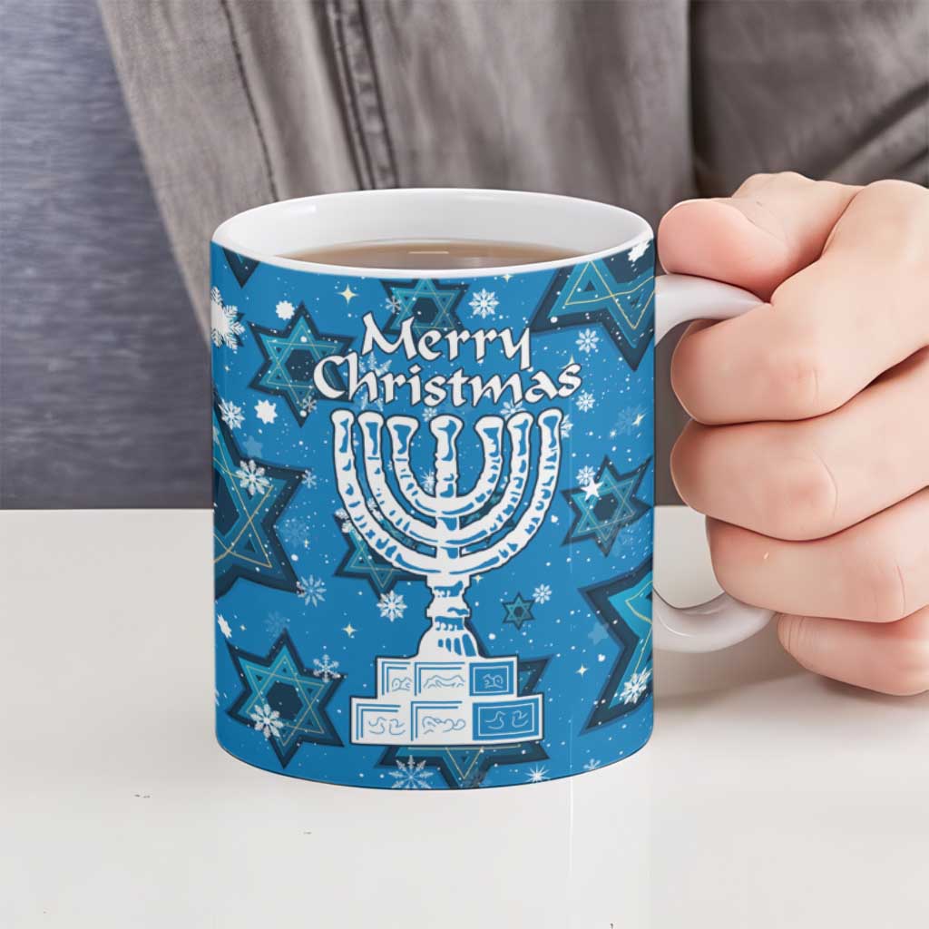 Israel Christmas Ceramic Mug with Blue Star of David Pattern and Menorah Motif - Wonder Print Shop