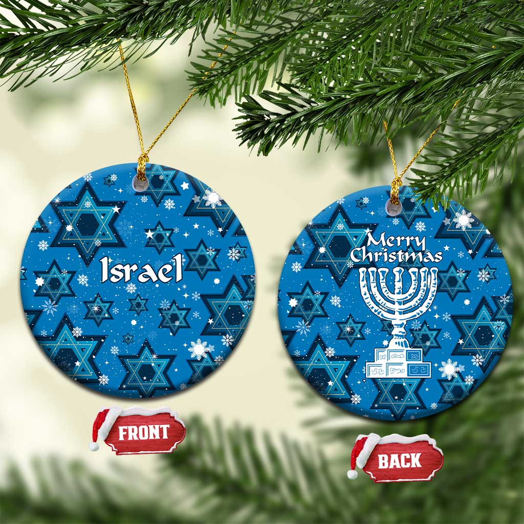 Israel Christmas Ceramic Ornament with Blue Star of David Pattern and Menorah Motif - Wonder Print Shop