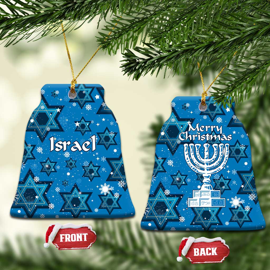 Israel Christmas Ceramic Ornament with Blue Star of David Pattern and Menorah Motif - Wonder Print Shop