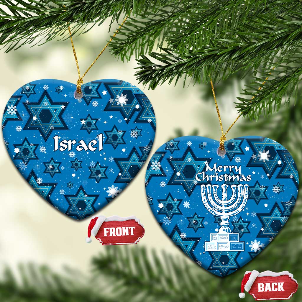 Israel Christmas Ceramic Ornament with Blue Star of David Pattern and Menorah Motif - Wonder Print Shop