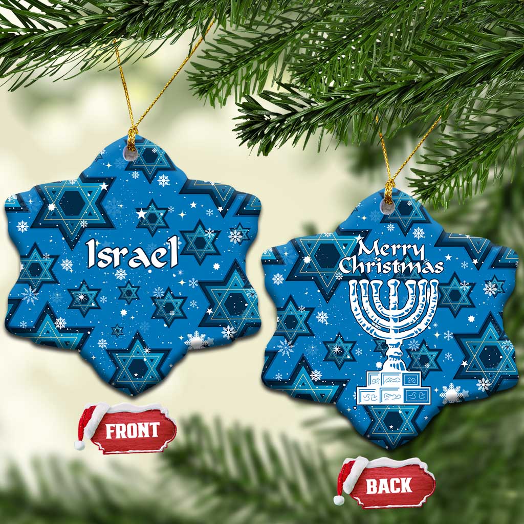 Israel Christmas Ceramic Ornament with Blue Star of David Pattern and Menorah Motif - Wonder Print Shop