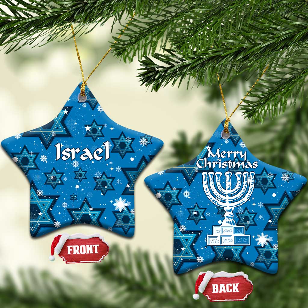 Israel Christmas Ceramic Ornament with Blue Star of David Pattern and Menorah Motif - Wonder Print Shop