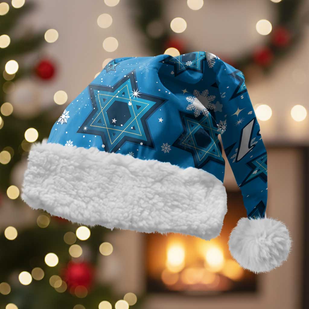 Israel Christmas Santa Hat with Blue Star of David Pattern and Menorah Motif - Wonder Print Shop