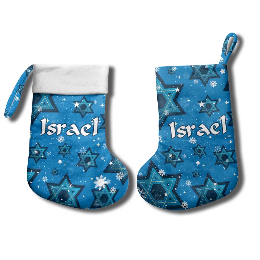 Israel Christmas Stocking with Blue Star of David Pattern and Menorah Motif - Wonder Print Shop