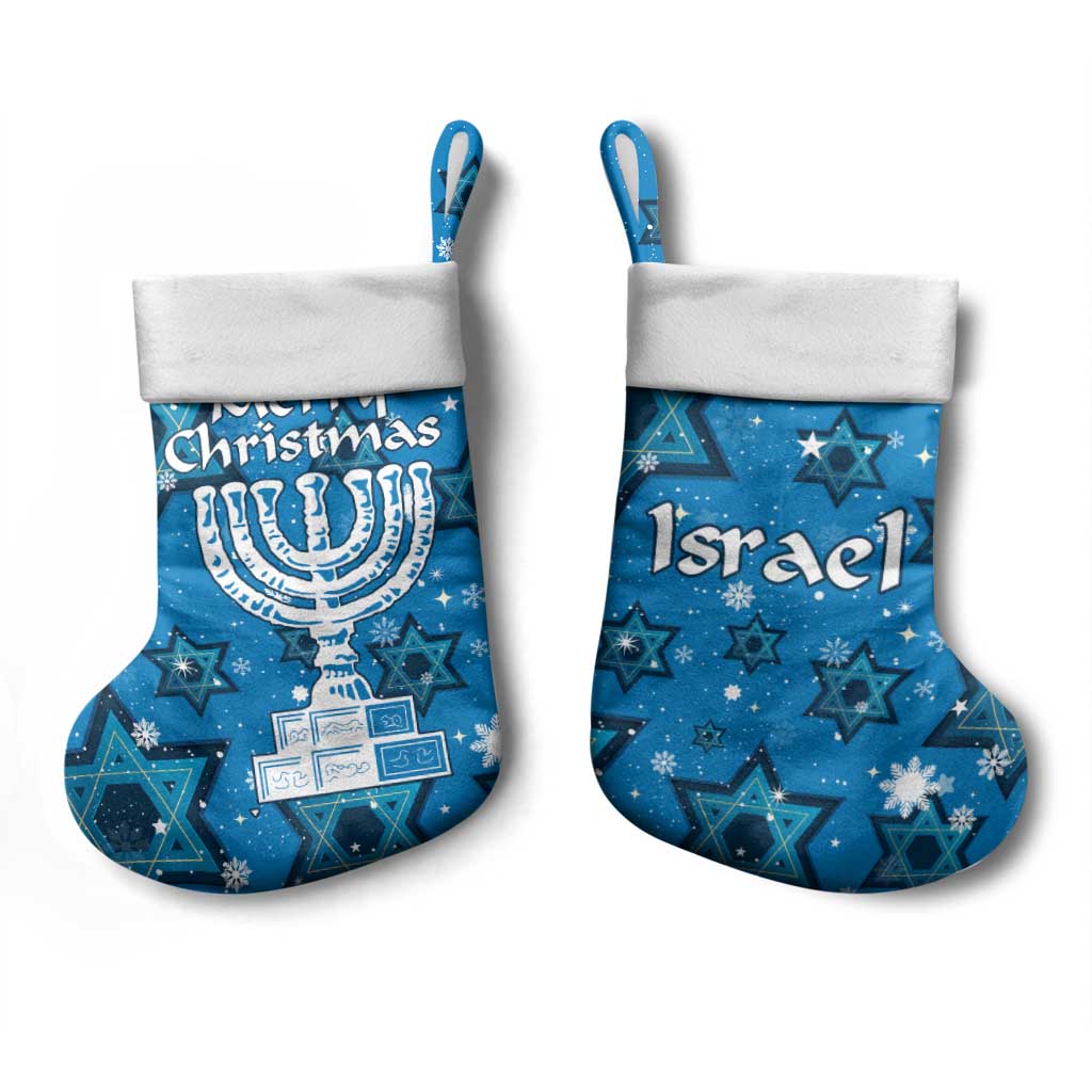 Israel Christmas Stocking with Blue Star of David Pattern and Menorah Motif - Wonder Print Shop